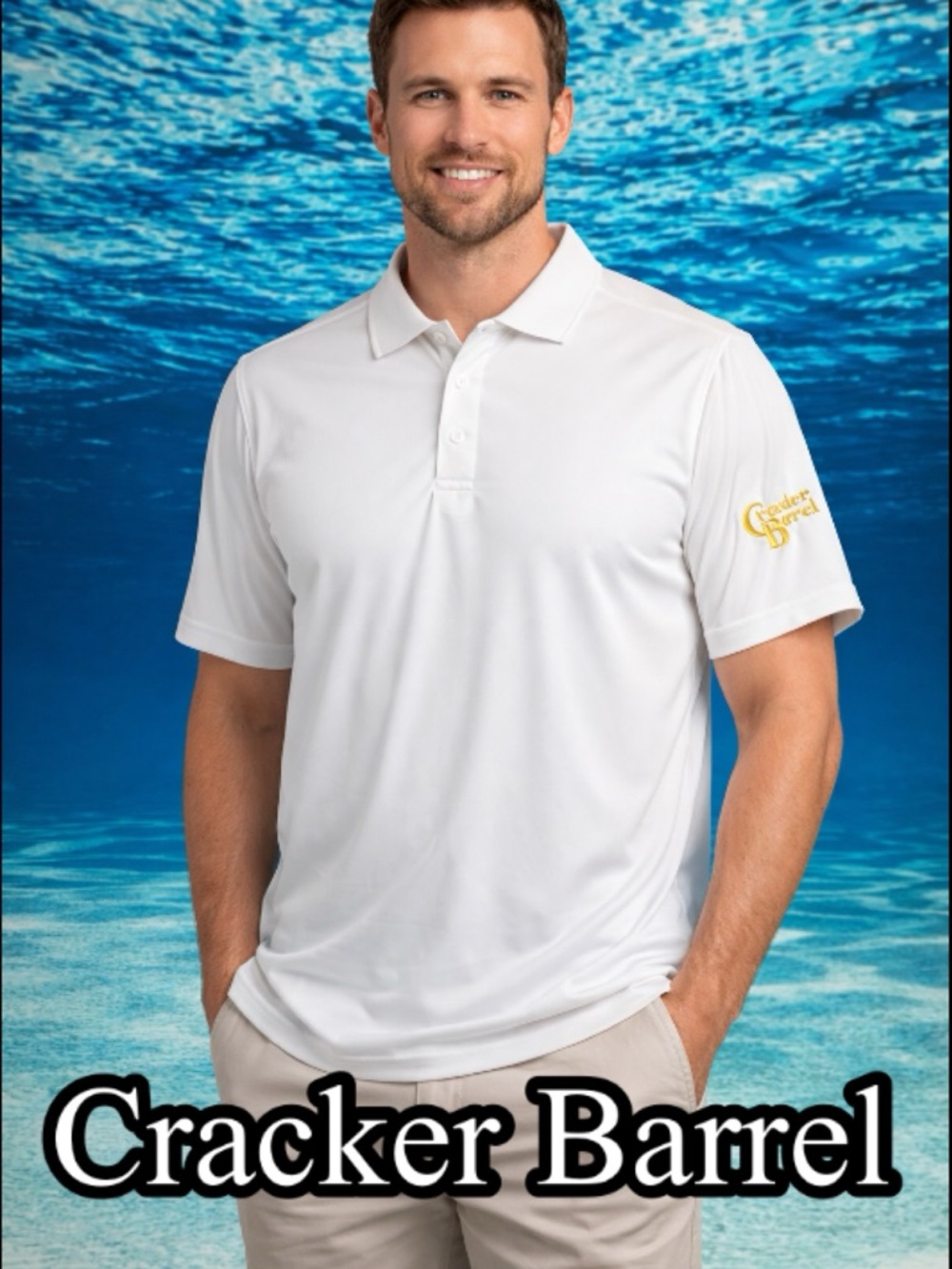 ☀️White Men's Performance Polo Shirt with Subtle Sleeve Logo Cracker Barrel